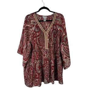 Catherines Red Paisley Tunic Blouse Boho Work Office Womens Plus Size 3x